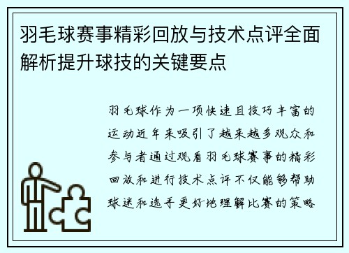 羽毛球赛事精彩回放与技术点评全面解析提升球技的关键要点
